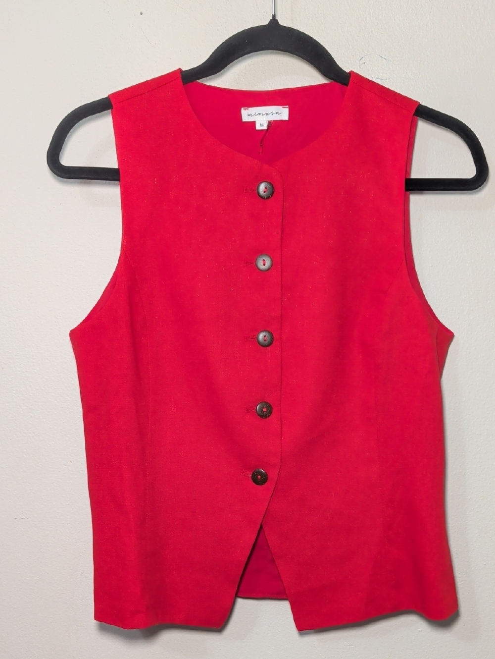 Mimosa Red Button-Front Sleeveless Blouse Linen Blend Tomato Girl Women's Size M